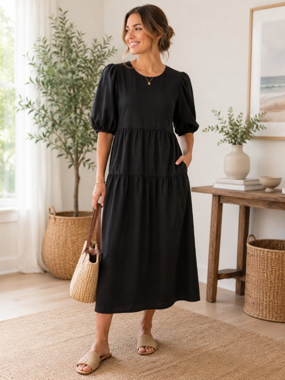 Old Navy Black Tiered Midi Dress Puff Sleeve Cottagecore Size Small 1114
